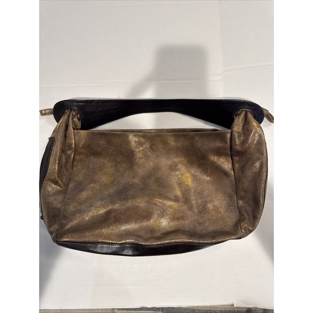 Skin Metallic Brown Bronze Leather Top Handle Bag Large Zip Closure EUC